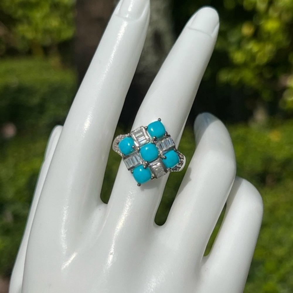 Arizona Sleeping Beauty Turquoise and Zircon Checkered Sterling Silver R… - Picture 7 of 14